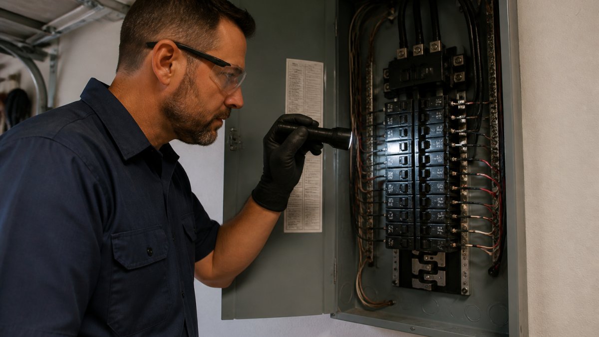 A licensed electrician in a work shirt and safety glasses inspecting an open residential main breaker panel with a flashlight, labels visible on the breakers, clean garage setting